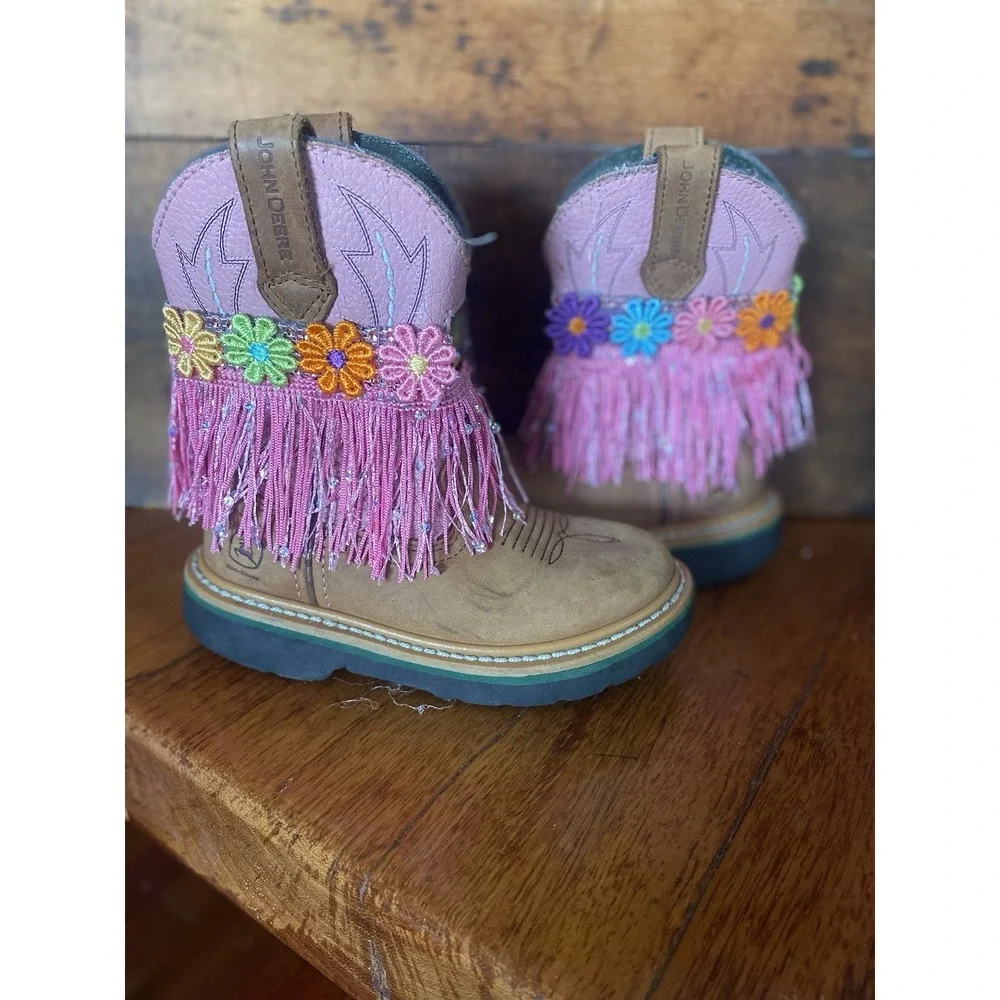 John Deere Cowgirl Boots Toddler Sz 10 Pink Leather Round Toe Upcycled